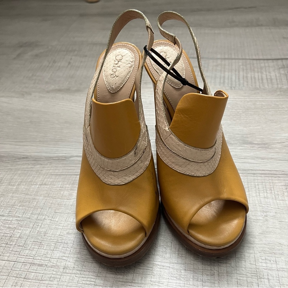 CHLOE Snakeskin Embossed And Leather Slingback Heeled Sandals 37 Mustard Cream - Picture 10 of 16